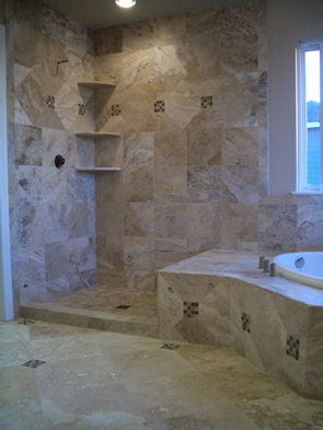 Travertine and glass master bathroom installation contractor in fort Collins