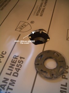 Image of silicone under liner around the drain flange