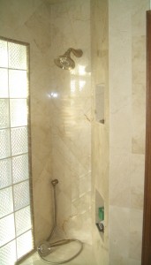 Marble shower over-under niches in on-point shower Marble shower over-under niches in on-point shower