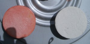 Block of SpectraLOCK grout after soaking in cherry kool-aid for two weeks